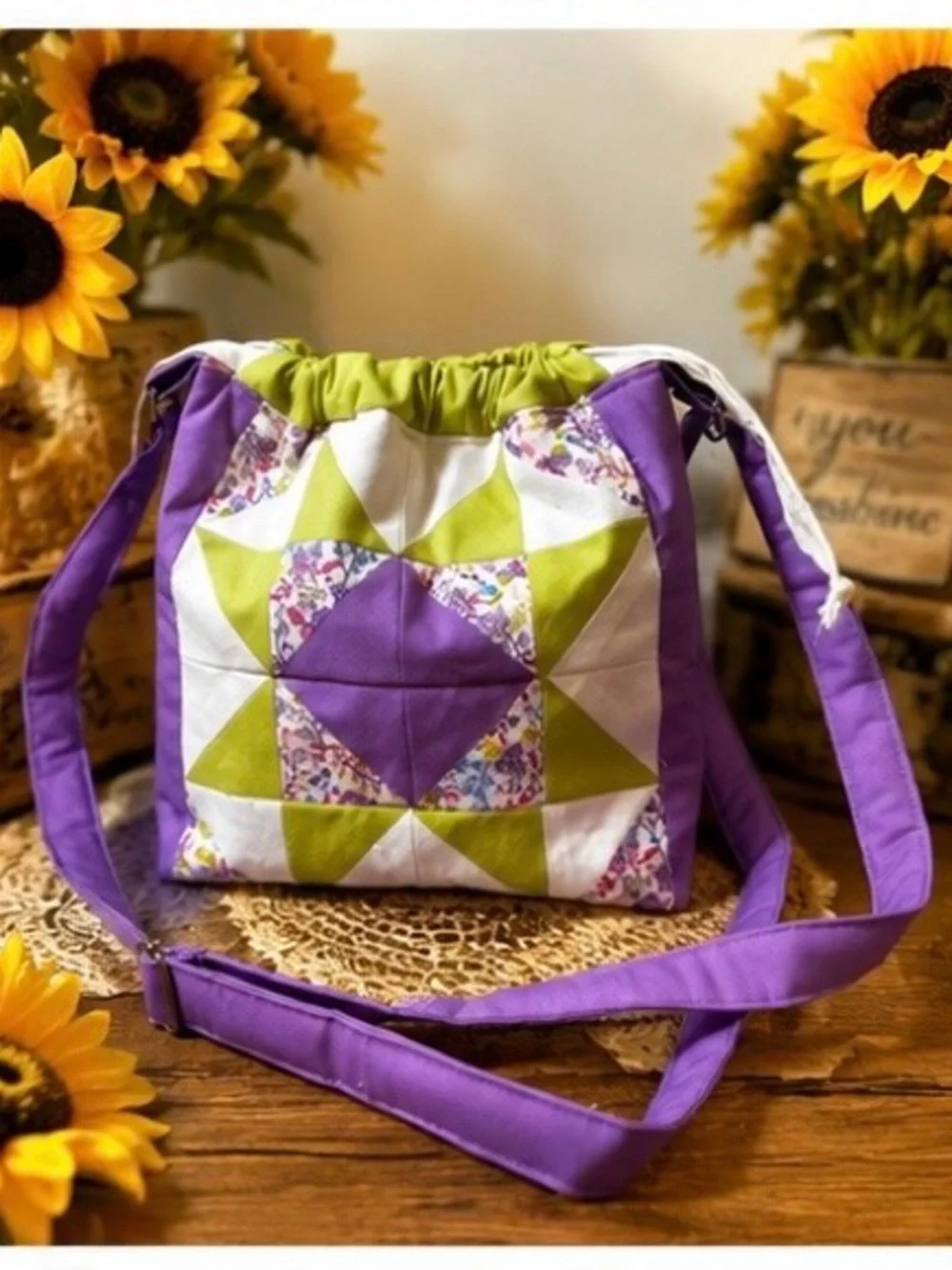 Quilted Patchwork Crossbody Bag in Purple and Green